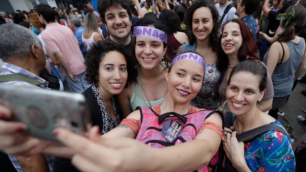 #EleNão activists take a selfie. (AP)