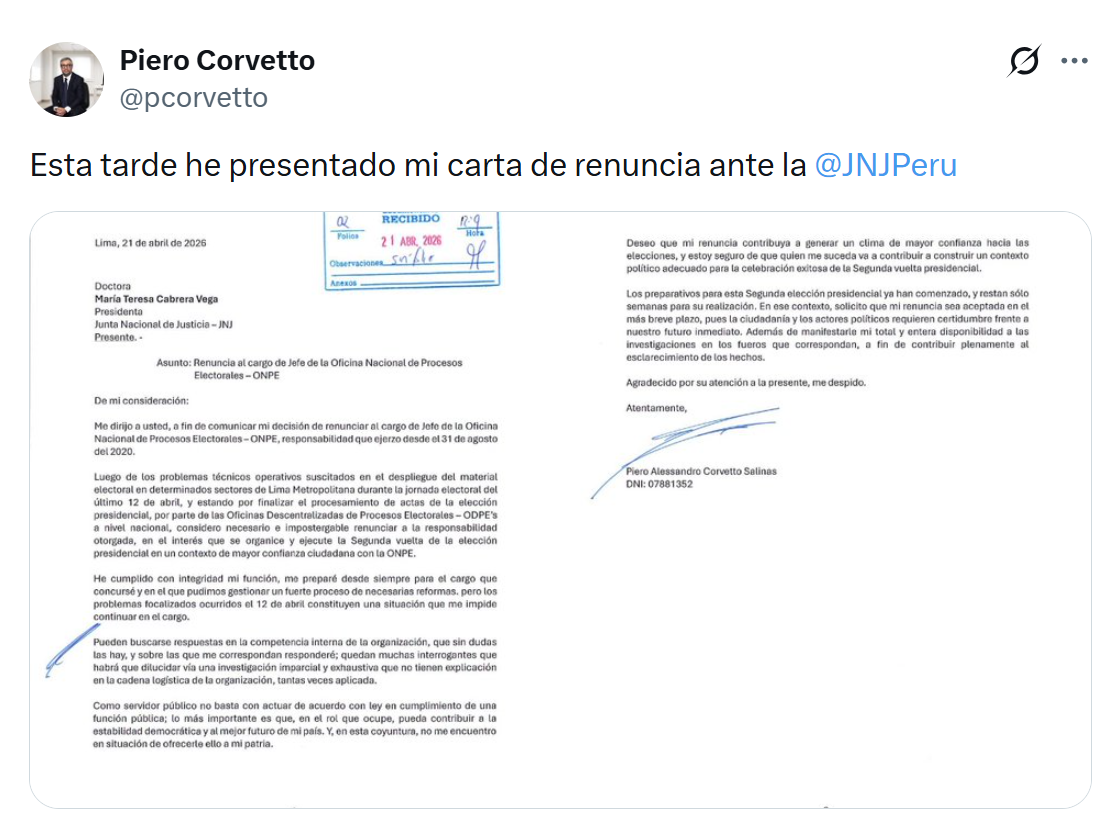 Piero Corvetto resignation letter on X