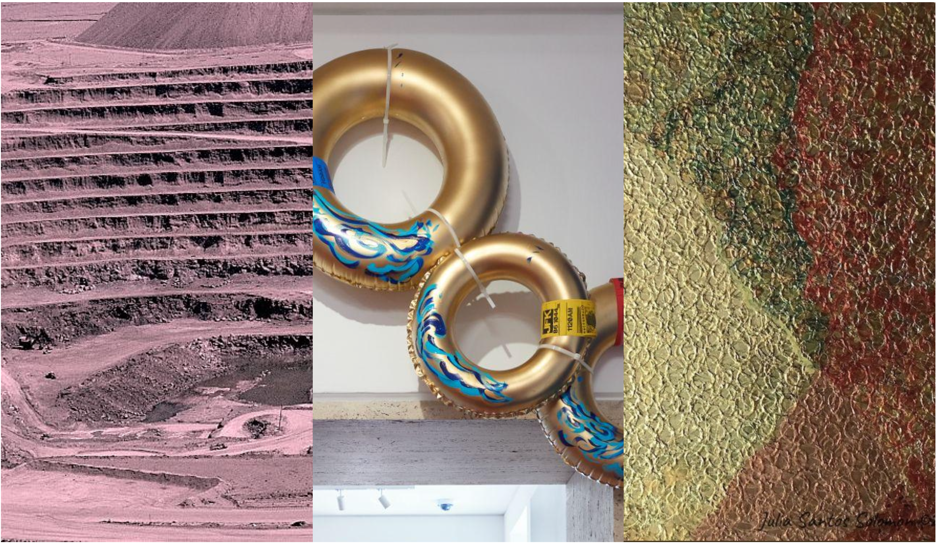 (left to right) Pablo Helguera, detail of Chuquicamata, 2023. Scherezade García, detail of Cathedral from the series Theories of Freedom, 2009-11. Julia Santos Solomon, detail of Cresta, 2019.