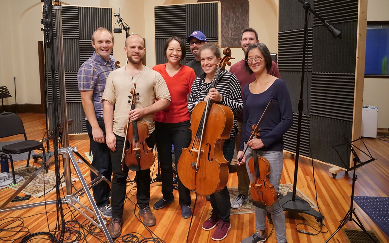 Jasper String Quartet, Vivian Fung, and the recording team in the studio.