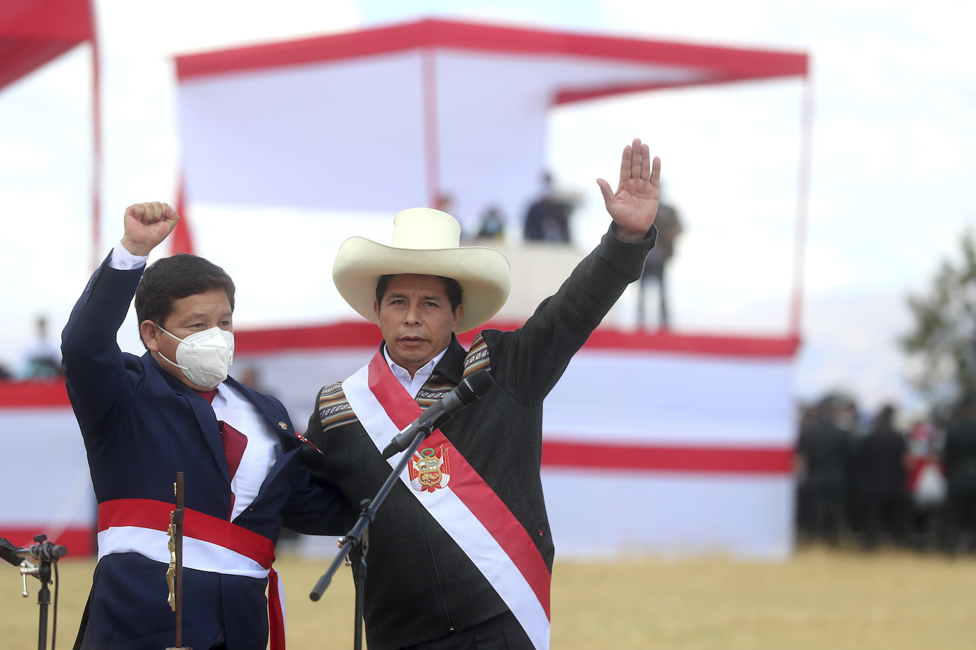 Prime Minister Guido Bellido at left and President Pedro Castillo at right. (AP)