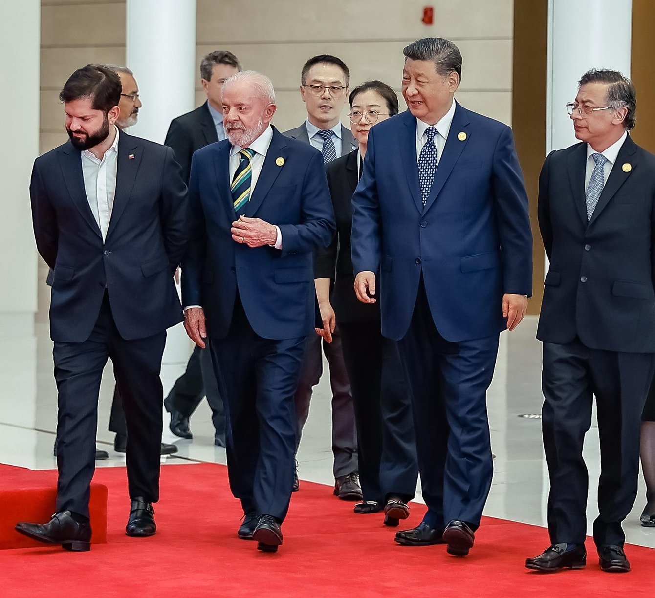 (L-R) Presidents Boric, Lula da Silva, Xi, and Petro in Beijing. (X)