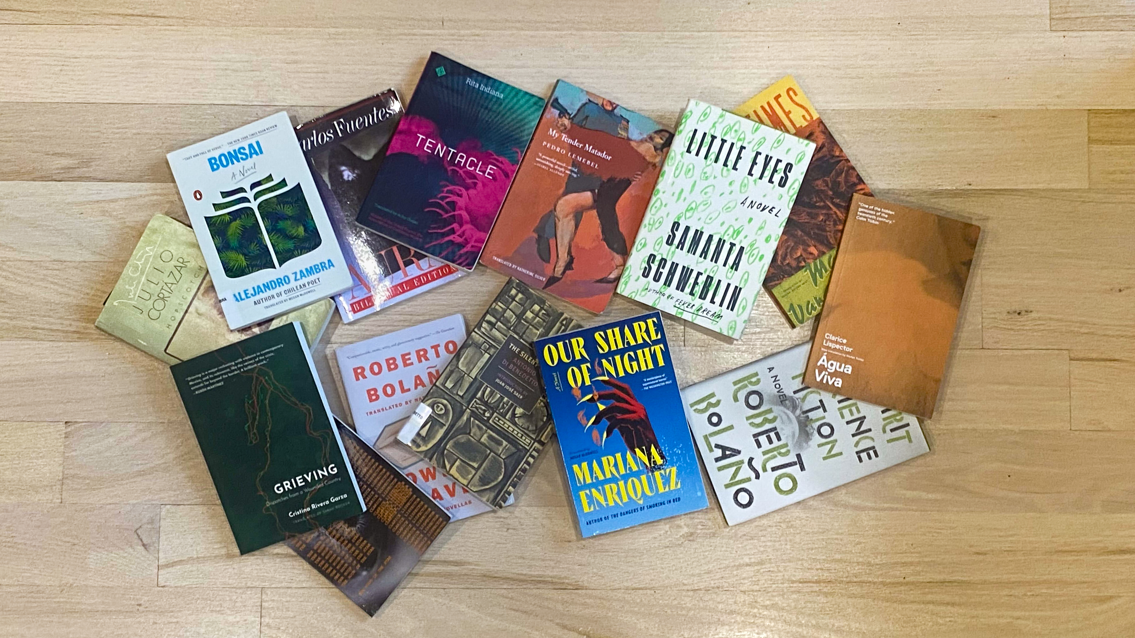 Books by Latin American authors in translation, including books translated by Esther Allen and Megan McDowell. (Photo: C. Harrison)