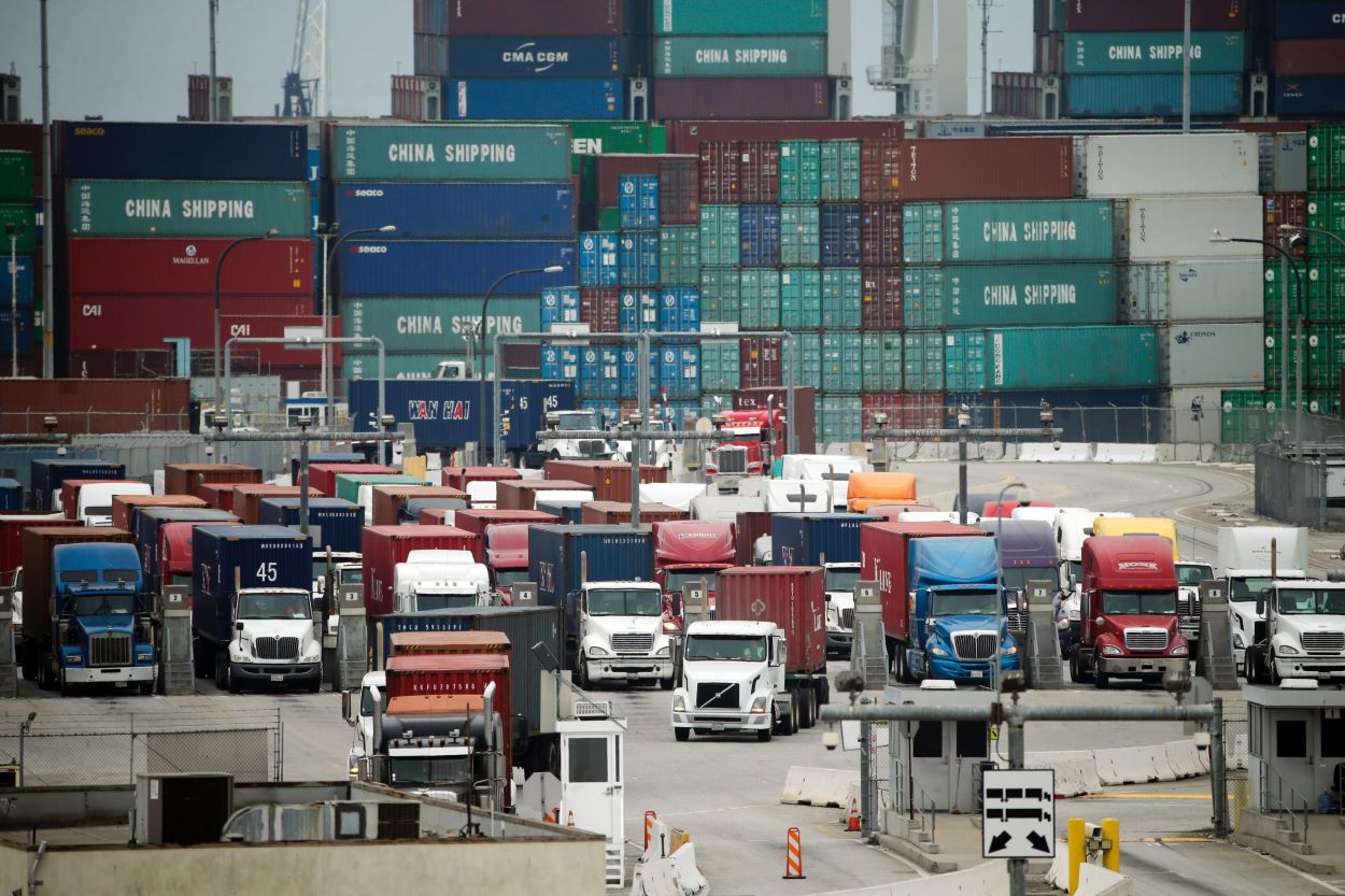 Cargo trucks in Long Beach. (AP)