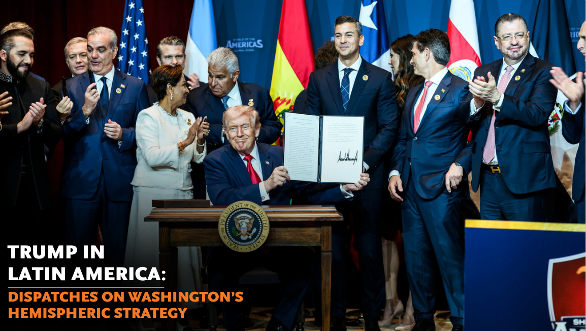 Center: U.S. President Donald Trump at his Shield of the Americas Summit. (White House)