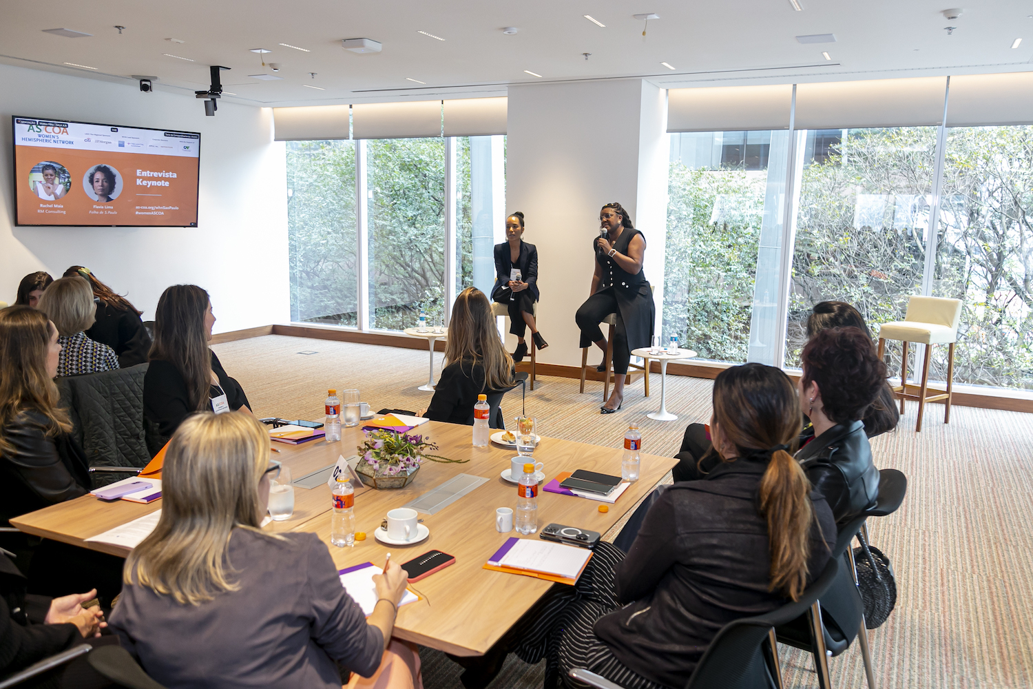 Rachel Maia and Flavia Lima speak with participants of Women's Hemispheric Network in São Paulo.