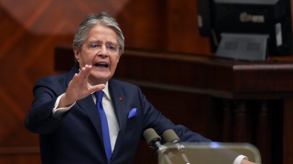 President Guillermo Lasso addresses the National Assembly at the opening of his impeachment trial. (AP)