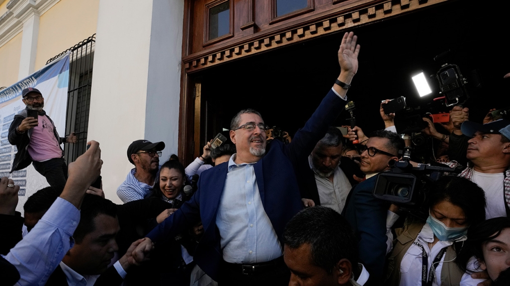 Bernardo Arévalo, center, after voting in the runoff in Guatemala City. (AP)