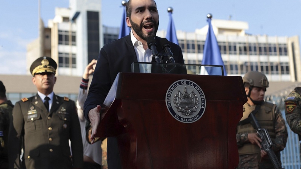 NNayib Bukele addresses supporters outside the National Assembly. (AP)