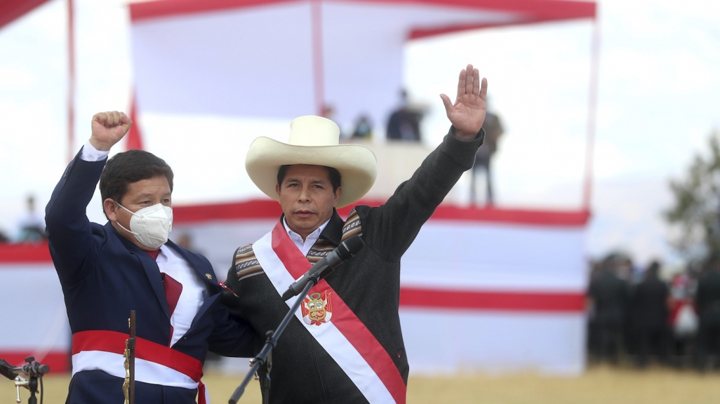 Prime Minister Guido Bellido at left and President Pedro Castillo at right. (AP)