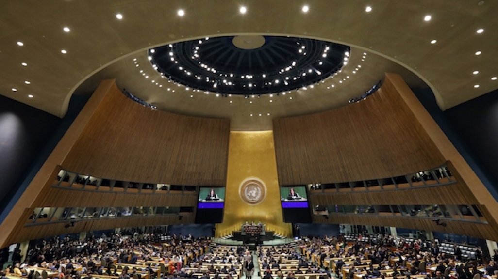 UN General Assembly debate room, Maria Fernanda Espinosa Garces speaking