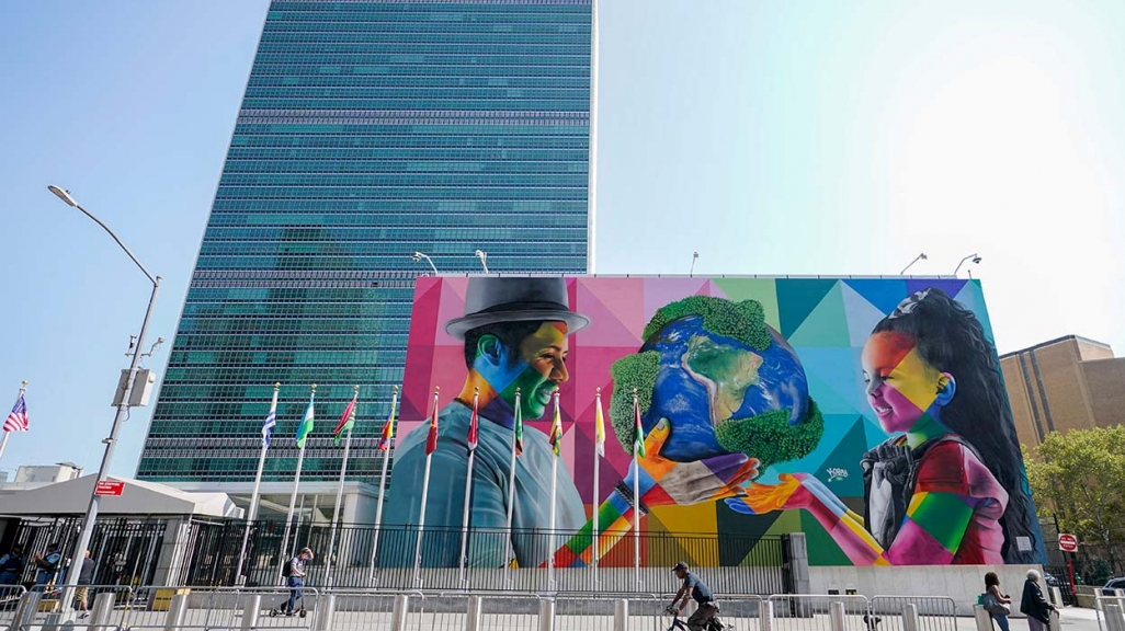 A mural by Brazil's Eduardo Kobra outside the UN. (AP)