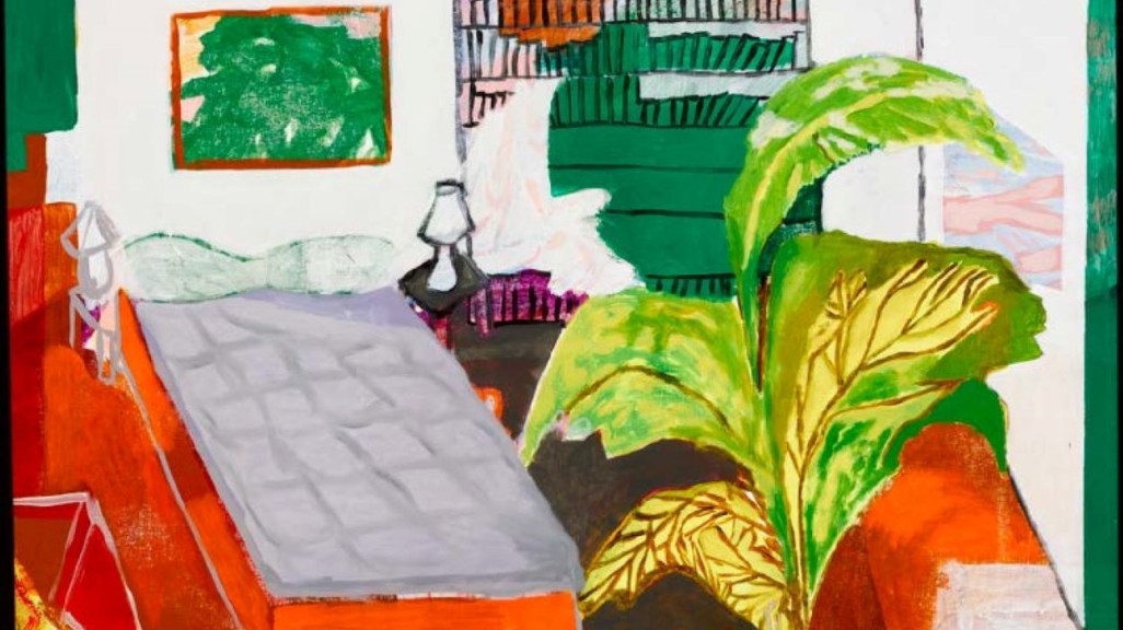 Photo of Alejandra Seeber's painting depicting a bed, a lamp, and a plant