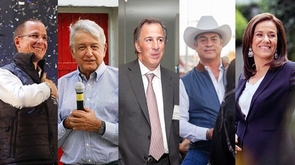 Mexican presidential candidates: Ricardo Anaya (PAN), Andres Manuel Lopez Obrador aka AMLO (Morena), Jose Antonio Meade (PRI), Jaime El Bronco Rodriguez, Margarita Zavala (independent)