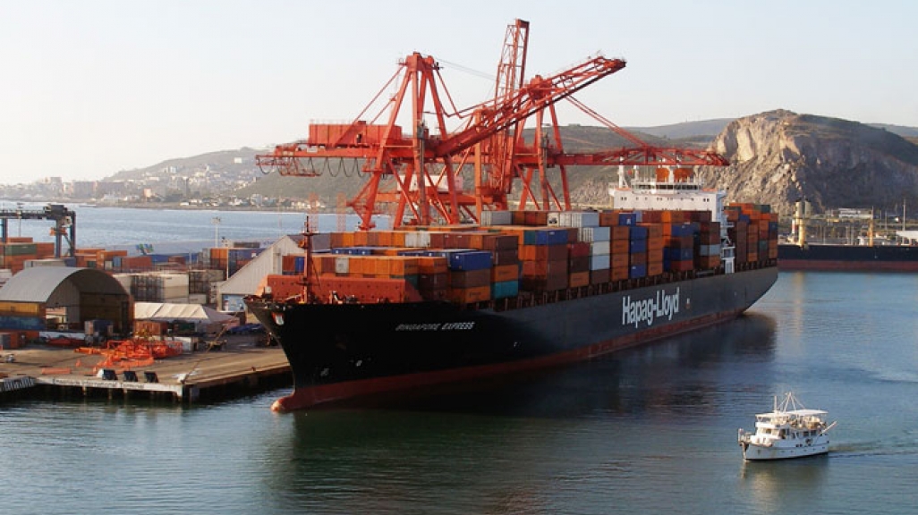 A cargo ship at a Mexican port.