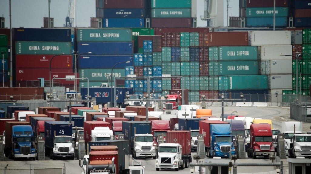 Cargo trucks in Long Beach. (AP)
