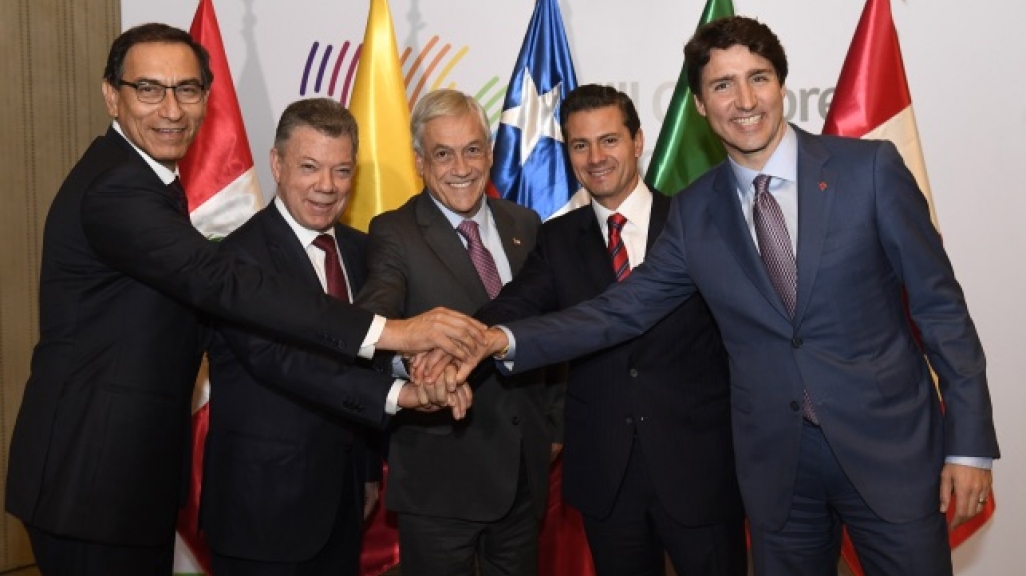 Pacific Alliance Presidents Martín Vizcarra (Peru), Juan Manuel Santos (Colombia), Sebastián Piñera (Chile), and Enrique Peña Nieto (Mexico), with Canada's Justin Trudeau