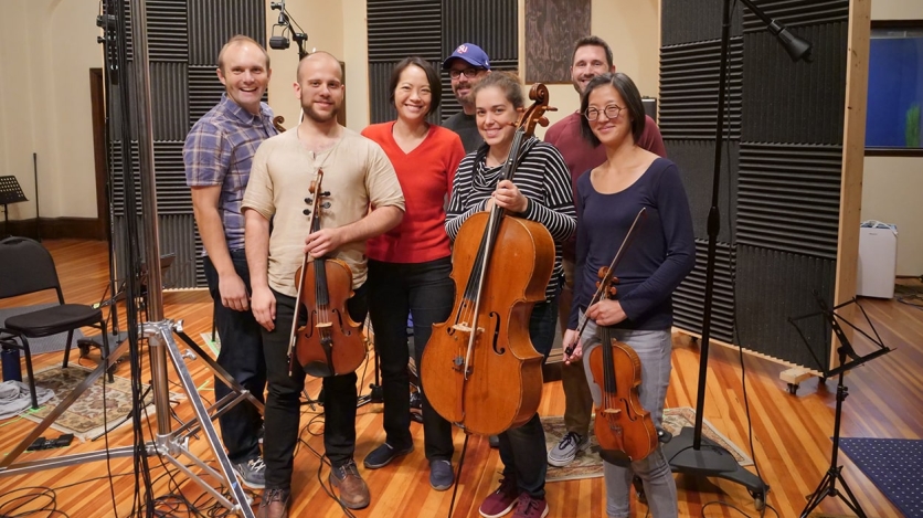 Jasper String Quartet, Vivian Fung, and the recording team in the studio.