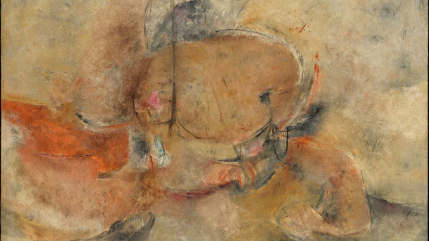 An abstract painting with brown, grey, orange, pink, and other colors.
