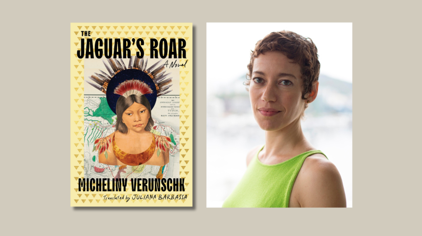 Book cover for "The Jaguar's Roar," by Micheliny Verunschk, juxtaposed with phot of a woman with short auburn hair in a chartreuse top looking at the camera.