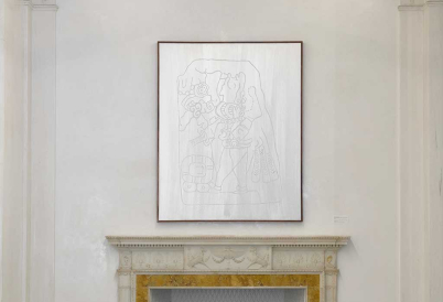 Gala Porras-Kim, Dainzu, Building A, Stone 1, illuminated text, 2022. Courtesy of Antonio Murzi & Diana Morgan Collection.