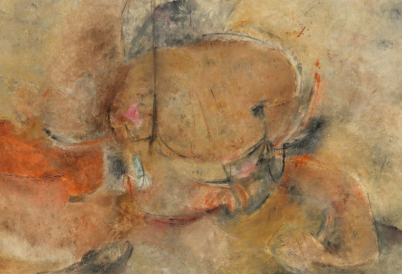 An abstract painting with brown, grey, orange, pink, and other colors.