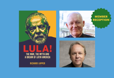 Graphic with book cover for "Lula! The Man, the Myth and the Dream of Latin America," with inset images of two men at right against a light blue background with a green bubble saying "Member Reception" at right