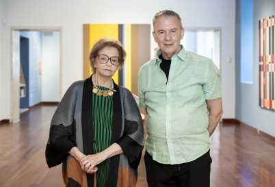 The artist, Fanny Sanín and the curator of Fanny Sanín: Geometric Equations, Edward J. Sullivan. Photo: Michael Palma Mir