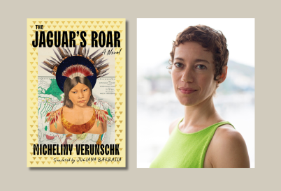 Book cover for "The Jaguar's Roar," by Micheliny Verunschk, juxtaposed with phot of a woman with short auburn hair in a chartreuse top looking at the camera.