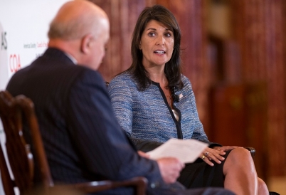 US Ambassador to the UN Nikki Haley talks with John Negroponte at the COA Washington Conference on the Americas