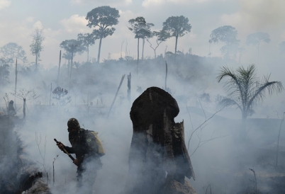 A Brazilian firefighter in the Amazon. (AP)