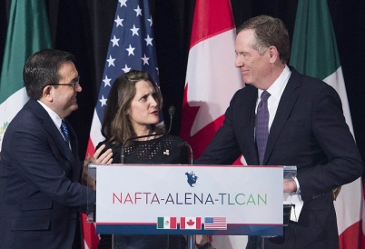 Negotiators Ildefonso Guajardo, Chrystia Freeland, and Robert Lighthizer. (AP)