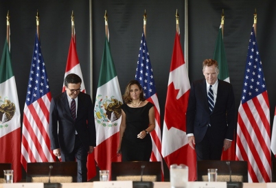 NAFTA negotiators U.S. Trade Rep Robert Lighthizer, Canadian Foreign Minister Chyrstia Freeland, and Mexico's Economy Secretary Ildefonso Guajardo in Ottawa.