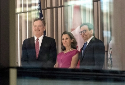 NAFTA negotiators U.S. Trade Rep Robert Lighthizer, Canadian Foreign Minister Chyrstia Freeland, and Mexico's Economy Secretary Ildefonso Guajardo in Ottawa.