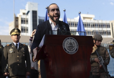 NNayib Bukele addresses supporters outside the National Assembly. (AP)