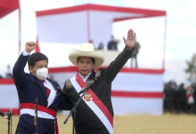 Prime Minister Guido Bellido at left and President Pedro Castillo at right. (AP)