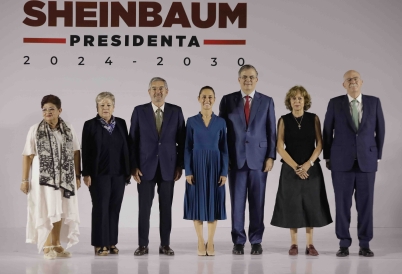 Mexican President-Elect Claudia Sheinbaum (center) with cabinet picks. (AP)