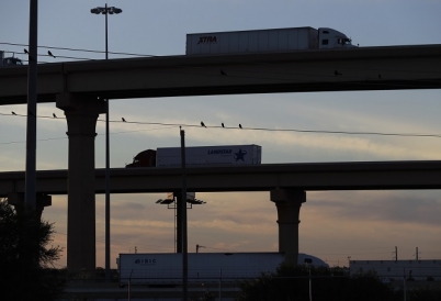 Trucks on World Trade Bridge overpass in Laredo, Texas because NAFTA.