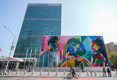 A mural by Brazil's Eduardo Kobra outside the UN. (AP)