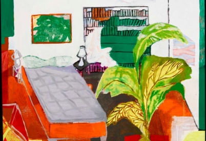 Photo of Alejandra Seeber's painting depicting a bed, a lamp, and a plant
