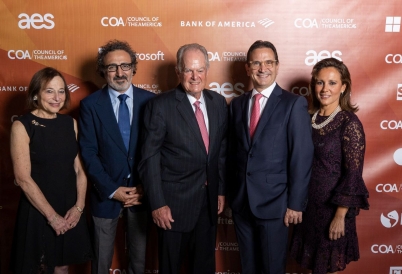 L-R: Susan Segal, AS/COA; Hamdi Ulukaya, Chobani & Tent Partnership for Refugees; Manny Medina, Medina Capital; Juan Carlos Mora, Bancolombia; Maria Lourdes Teran, AS/COA. (Image: David Sutta, CLUTCH Content Partners)