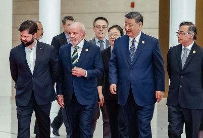 (L-R) Presidents Boric, Lula da Silva, Xi, and Petro in Beijing. (X)