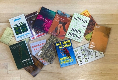 Books by Latin American authors in translation, including books translated by Esther Allen and Megan McDowell. (Photo: C. Harrison)