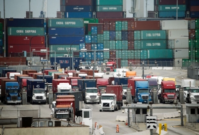 Cargo trucks in Long Beach. (AP)