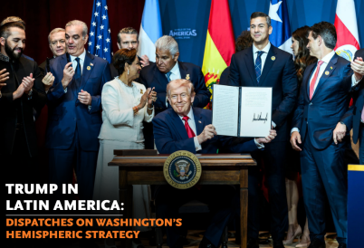 Center: U.S. President Donald Trump at his Shield of the Americas Summit. (White House)