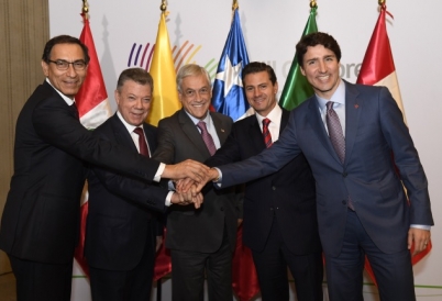 Pacific Alliance Presidents Martín Vizcarra (Peru), Juan Manuel Santos (Colombia), Sebastián Piñera (Chile), and Enrique Peña Nieto (Mexico), with Canada's Justin Trudeau