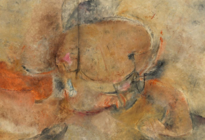 An abstract painting with brown, grey, orange, pink, and other colors.