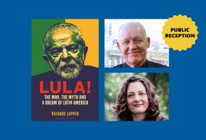 Graphic with book cover for "Lula! The Man, the Myth and the Dream of Latin America," with inset images of a man in a coat and tie and a woman with curly brown hair at right, plus yellow badge saying "Public Reception" against a dark blue background.