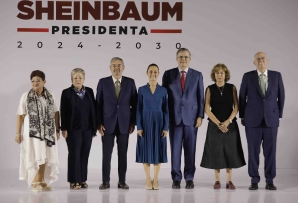 Mexican President-Elect Claudia Sheinbaum (center) with cabinet picks. (AP)