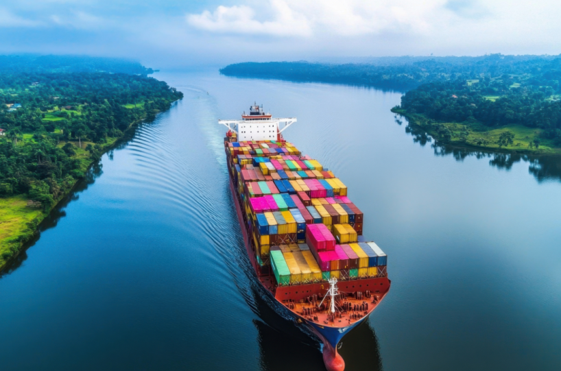 A large container ship glides down a wide river in a tropical area.